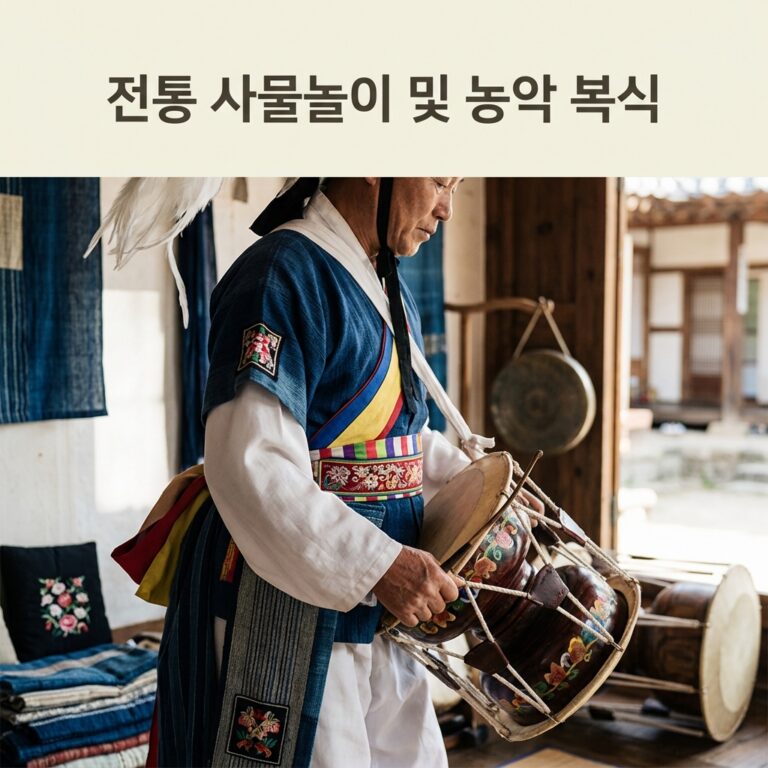 전통 사물놀이 및 농악 복식 (흰 바지저고리와 삼색띠)